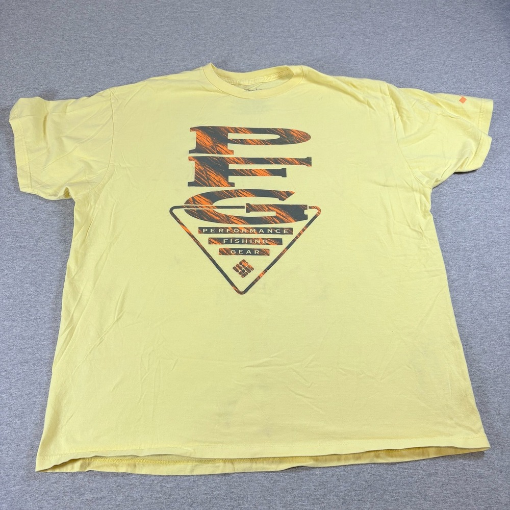 Columbia PFG T-Shirt Mens XL Yellow Graphic Short Sleeve Cotton Outdoor